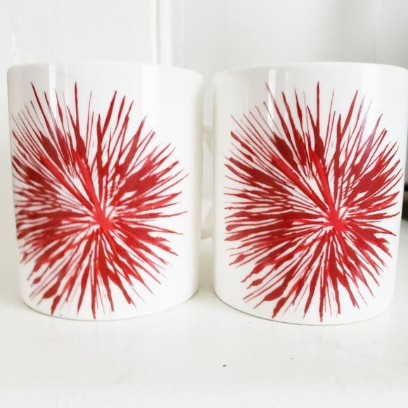 2014 Pair of 12 oz Starbucks Mugs White Red Burst Collectors coffee Mugs - Picture 1 of 10